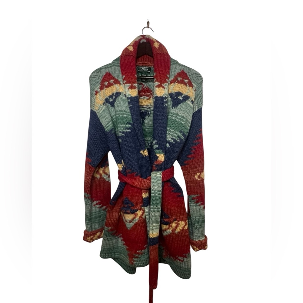 Lauren Ralph Lauren Multicolor Aztec Knit Belted Cardigan - Picture 2 of 7